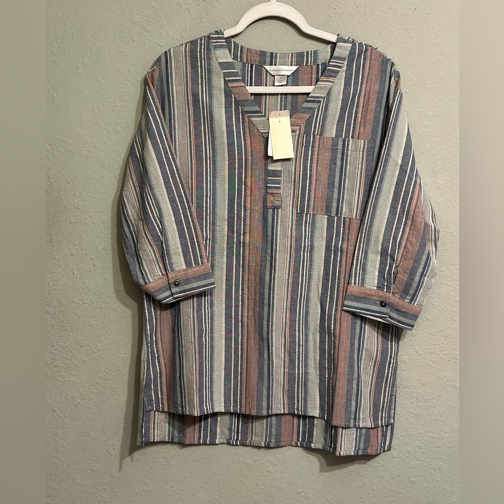 NWT Christopher & Banks Blouse Women's  Blue Striped 3/4 Sleeve V-neck